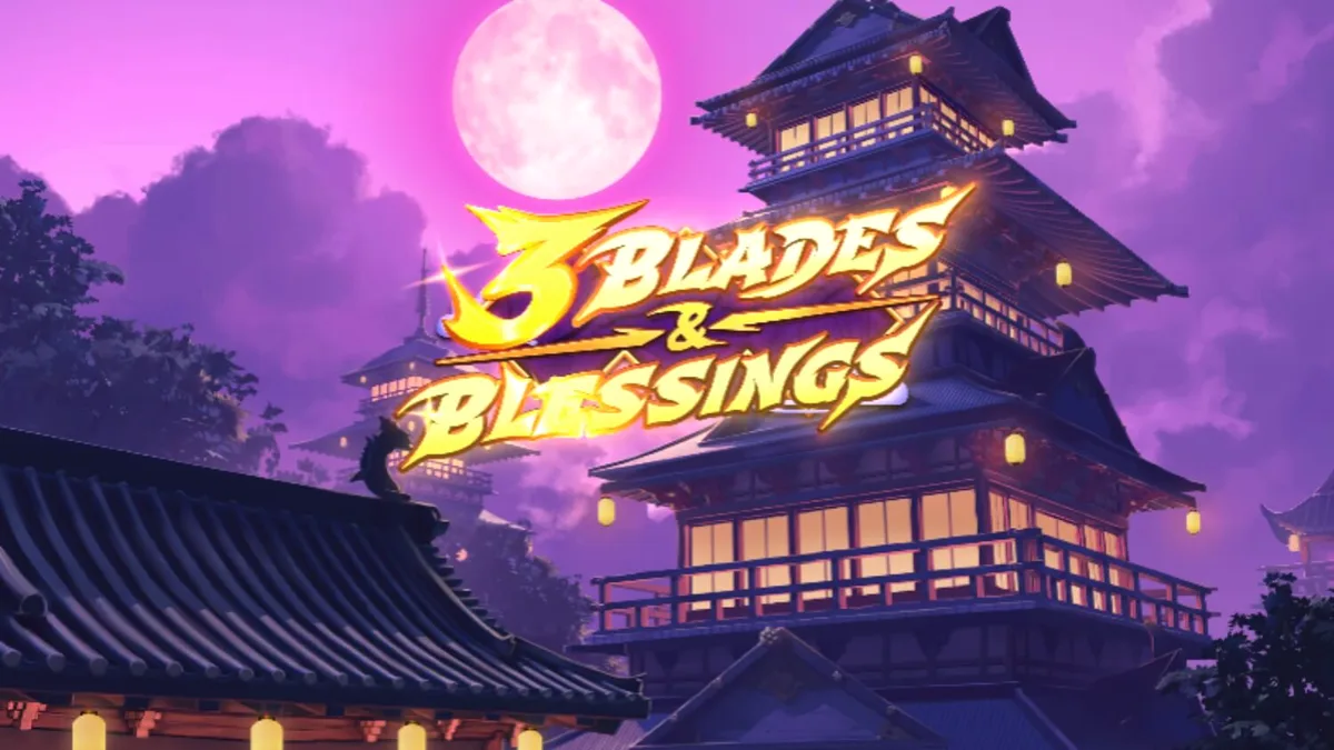 O ninja protagonista de 3 Blades & Blessings posicionado ao lado de um rolo de jogo com temática de Japão feudal e flores de cerejeira.