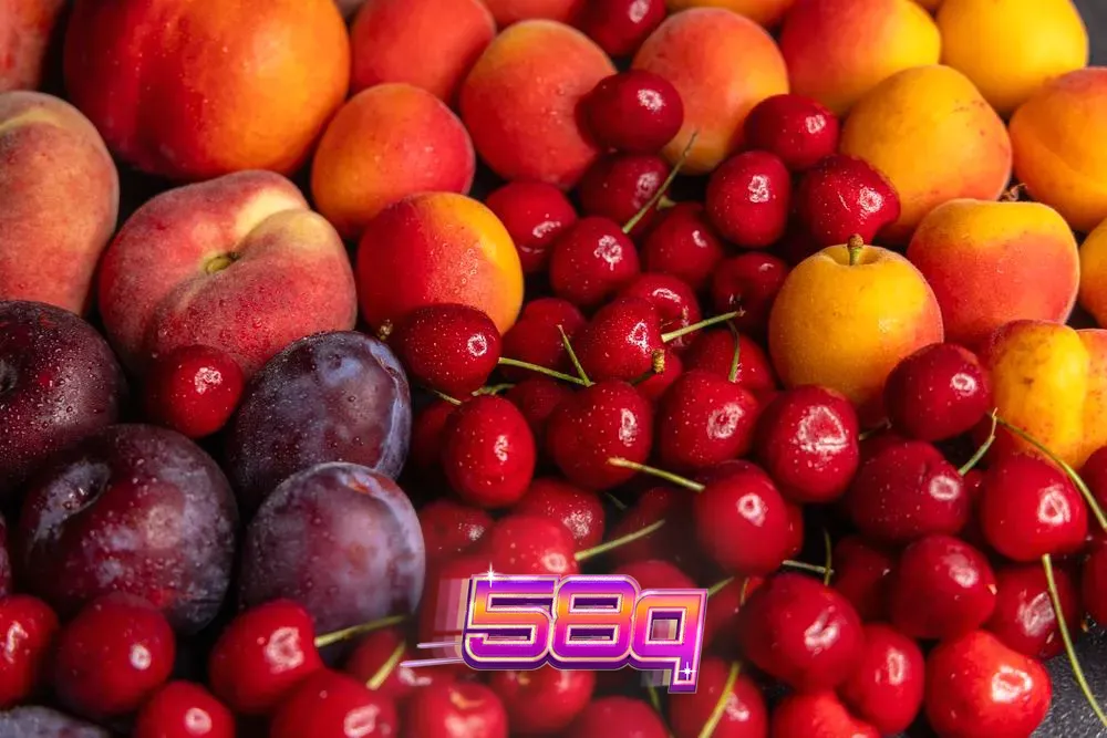 Uma variedade de símbolos de slots coloridos, incluindo frutas de verão como cerejas, limões e melancias, com um brilho dourado e elementos de moedas, representando a linha de slots da Amusnet.